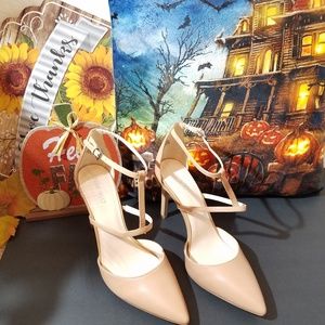 Nine West Nude Tornaydo Ankle T Strap Heels